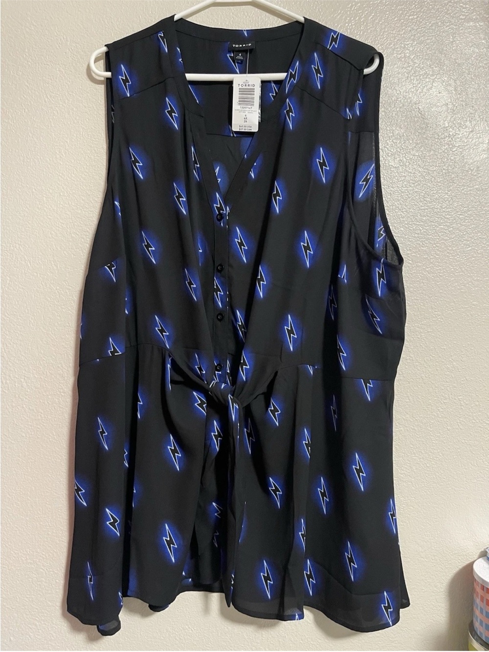 Torrid Black Sleeveless Neon Peplum Blouse Tie Blue Lightning Print Size 4X NWT
